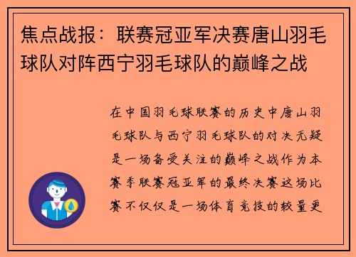 焦点战报：联赛冠亚军决赛唐山羽毛球队对阵西宁羽毛球队的巅峰之战