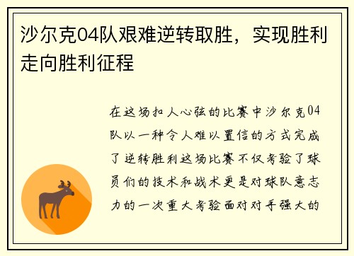 沙尔克04队艰难逆转取胜，实现胜利走向胜利征程